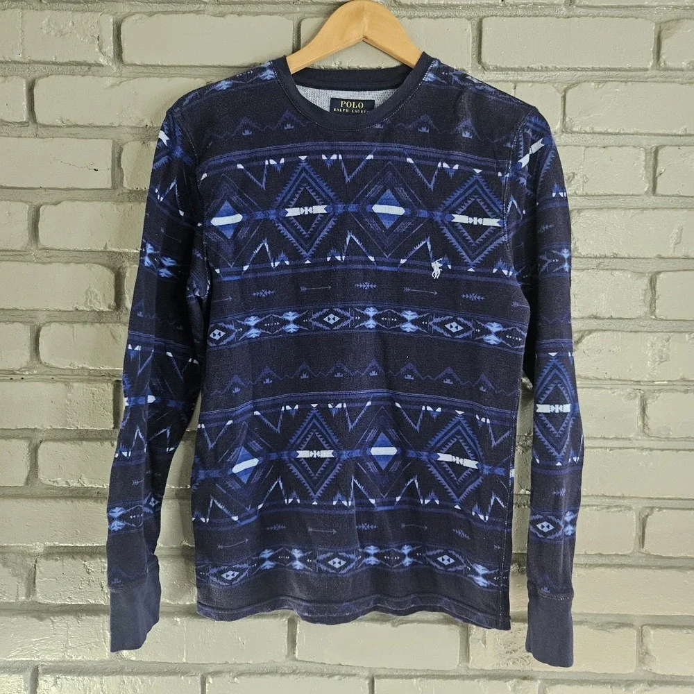 Polo Ralph Lauren Shirt M Blue Aztec Waffle Thermal Long Sleeve Southwest Layer